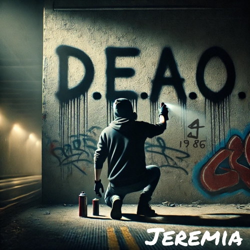 A man squats in front of a wall and sprays D.E.A.O. on it.