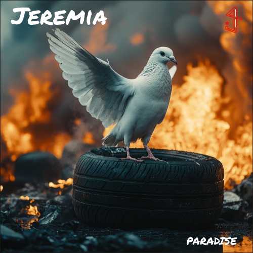 A white dove, sitting on a tyre, flames in the background