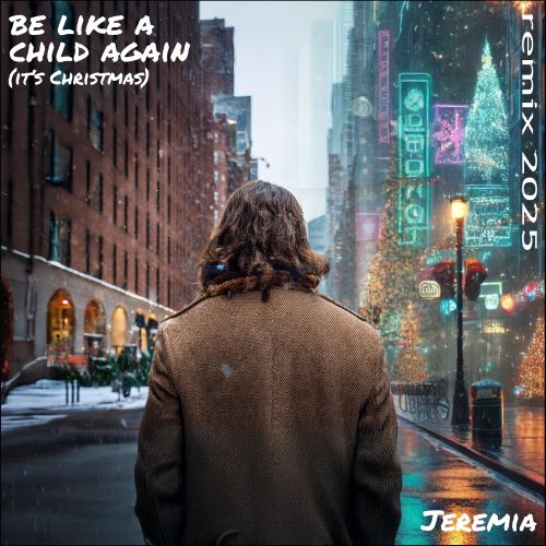 Man on a strange-looking street with two different sides. On the left, a row of typical New York houses; on the right, a futuristic image. It's obviously Christmas time.